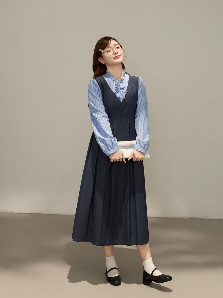 Autumn Pleated Slimming Plus Size College Style Two-Piece Dress for Women