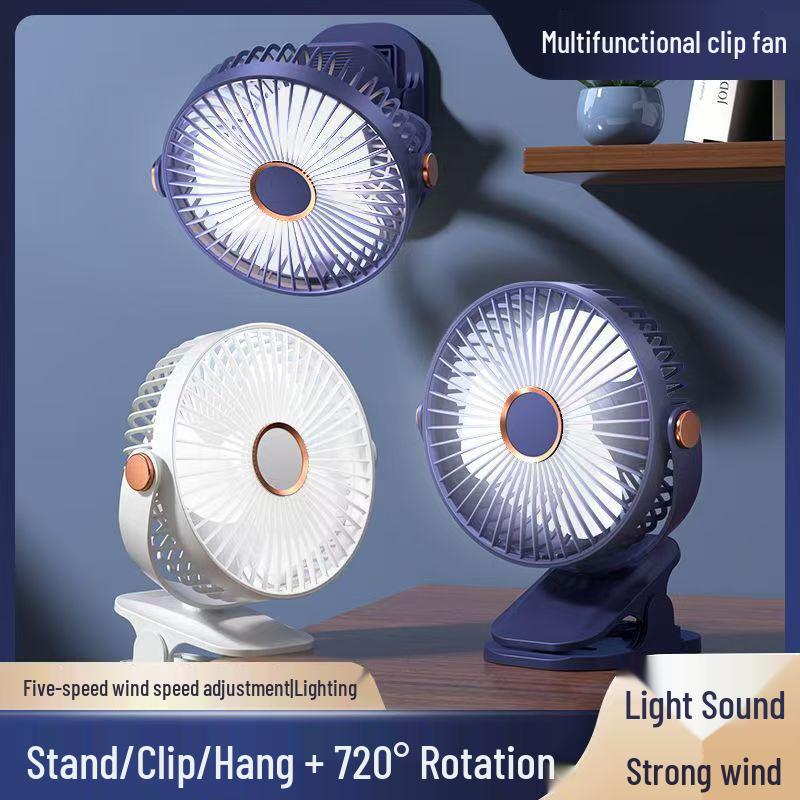 Rechargeable & Plug-in Desktop Clip Fan with Night Light - Silent High Wind Power for Office & Dormitory Use