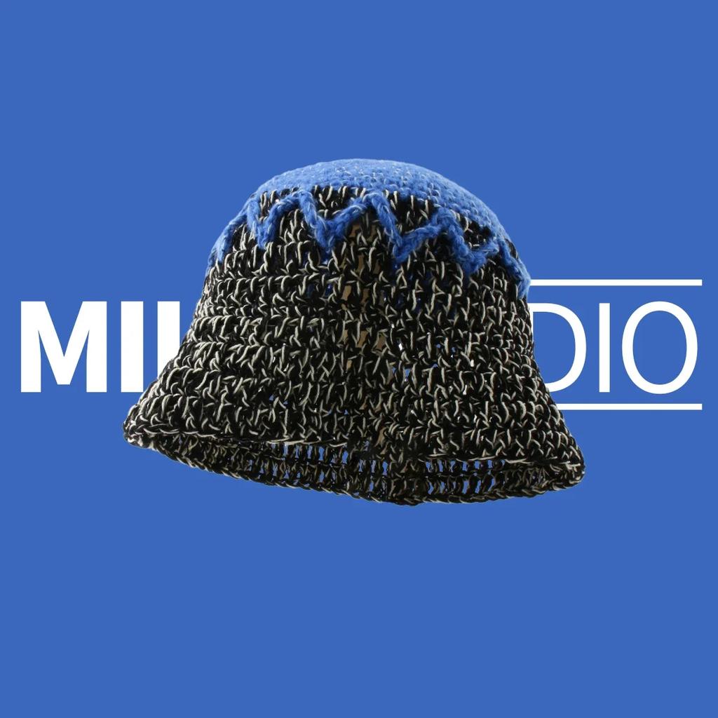 Cute Dopamine Wind Japanese Handmade Crochet Knitted Bucket Hat Rainbow Rhombus Plaid Wool Bucket Winter Basin Hat Bucket Hat