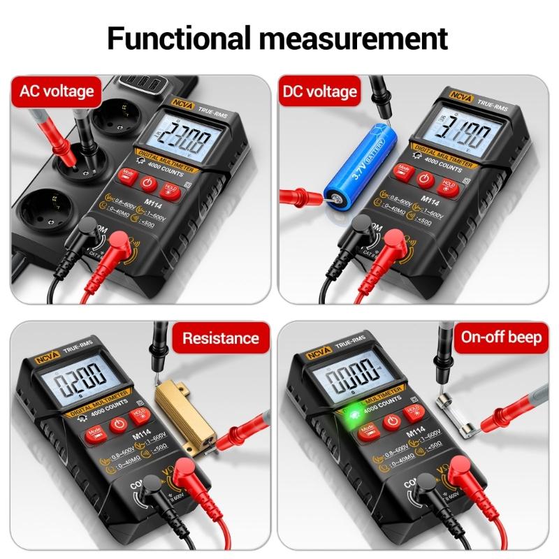 M114 4000 Counts Multimeter Digital Voltage Tester LCD Backlit Screen Multifunction NCV Resistance Testing Tool