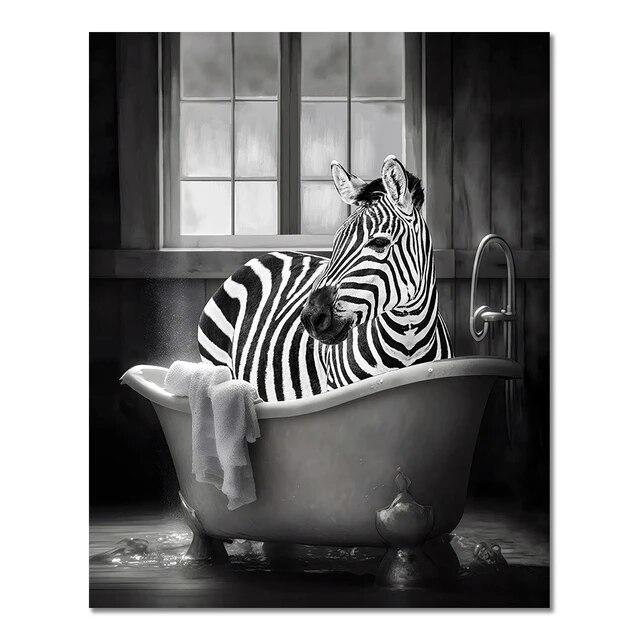 Funny Animal In Bathroom Poster Giraffe Elephant Orangutan Zebra Sitting In Bathtub Canvas Painting Toilet Wall Art Pictures No Frame