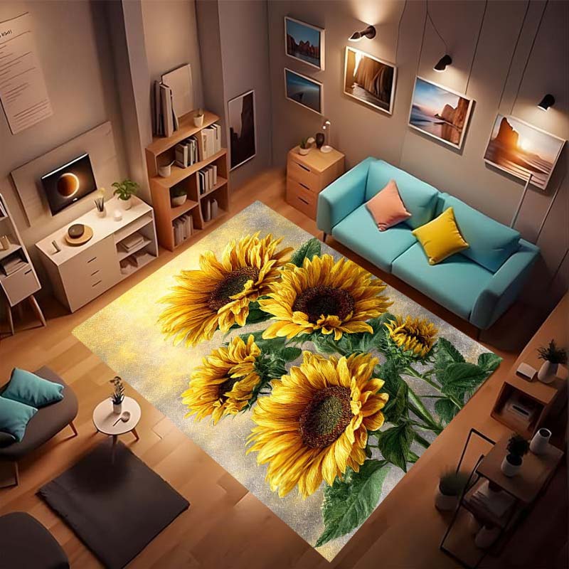 Customizable sunflower pattern non-slip rug, soft flannel, washable, non-slip backing, suitable for living rooms, bedrooms, bath