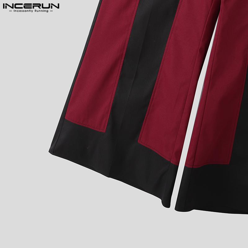 INCERUN Men's High Elastic Waist Striped Patchwork Casual Long Flare Pants Trousers