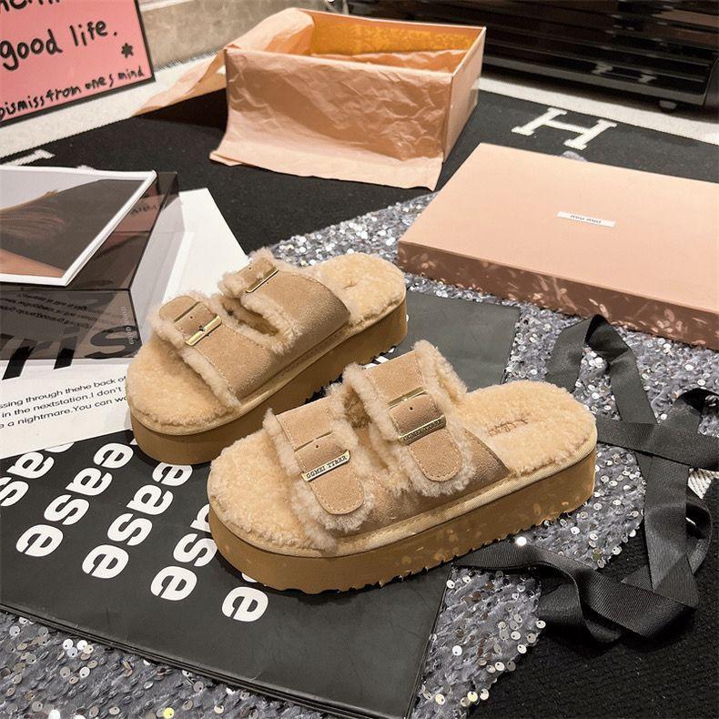 

Warm wool slippers women s thick-soled slippers winter new one-character belt buckle flat heel open-toed outer slippers women 40