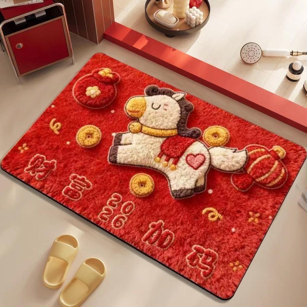 Quick Dry Horse Floor Mat Non-slip New Year Theme Bath Mat Soft Texture Blessing Words Floor Protection Mat for 2026 New Year