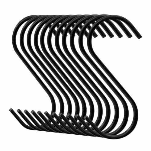 Fushing Stainless Steel S-Hooks for Kitchen Utensils, Closets, and Metal Tool Storage, 10-Pack (Black)