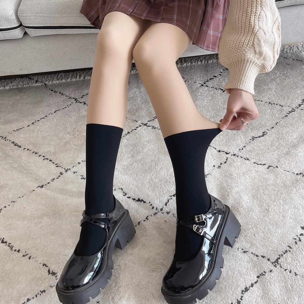 Spliced Black Nylon Stockings Women's Pantyhose JK Cute Japanese Style Instagram Trendy Autumn/Winter Fleece-Lined Socks