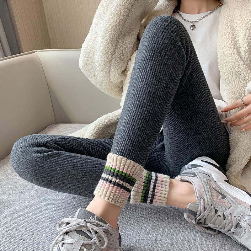Lamb Wool Leggings Women's Outer Wear Fleece Thickened Autumn and Winter Collision Color Mouth Warm Cotton Pants Gray High-waisted Long Johns