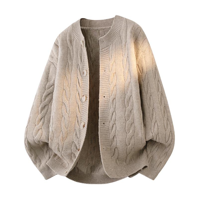 

Men s Round Neck Solid Color Button Long Sleeve Cardigan Fashionable Twist Sweater Jacket Top L хакі