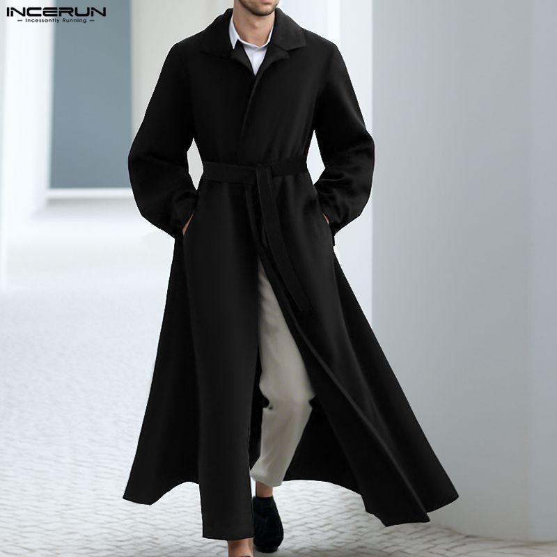 INCERUN Winter Autumn Men Long Sleeve Long Coat Belt Waist Casual Woolen Overcoat