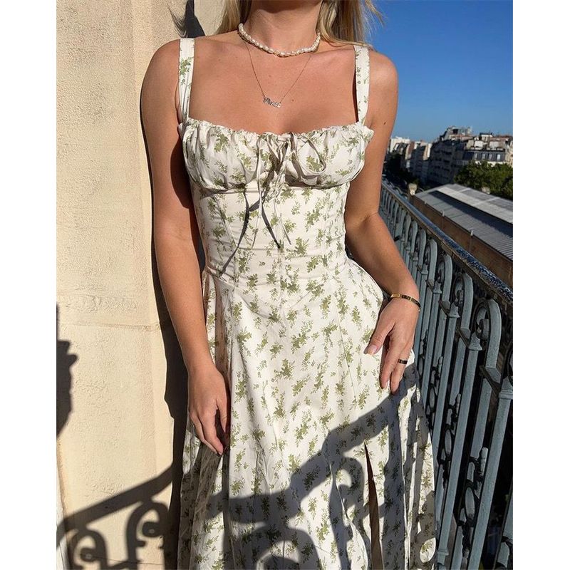 Sweet Summer Fashion off-Neck Shoelace Floral Tight Waist Split Mid Length Long Length Sling Dress Dress