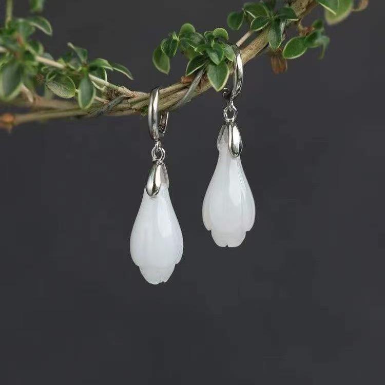 Palace Museum Retro White Jade Earrings: Elegant, High-End Women's Ear Studs & Hoops