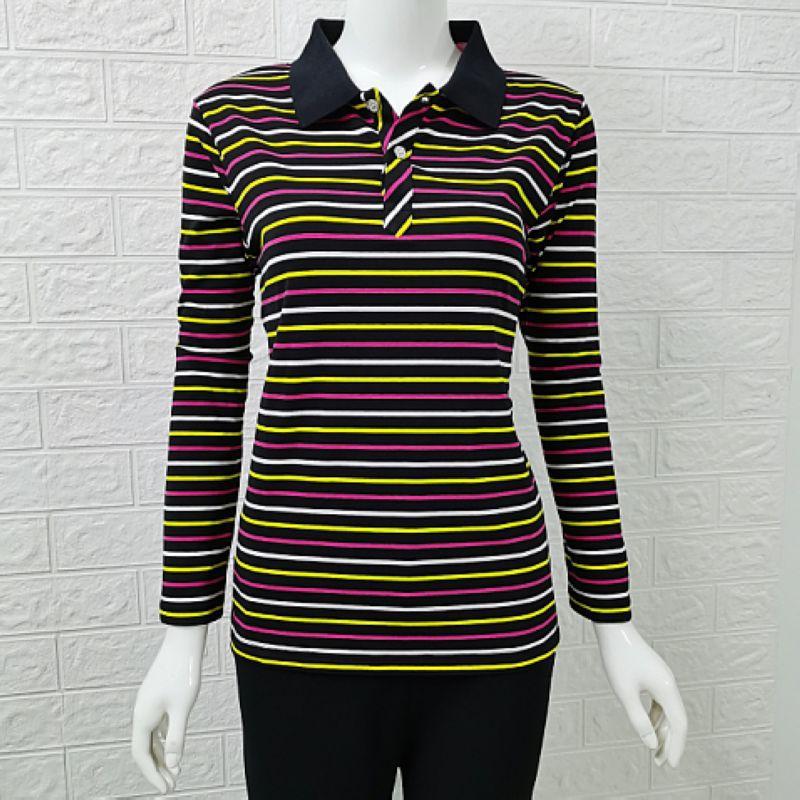 Women's Long-sleeved Cotton Polo Collar Long-sleeved T-shirt Striped Stretch Repair Bottoming Shirt