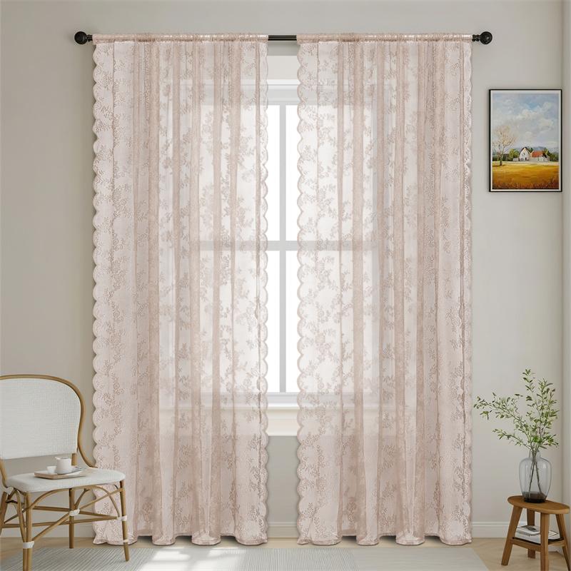 1pc Romantic Lace Sheer Curtain Flower Lace Window Curtains for Living Room Bedroom Home Window Screening Rod Pocket