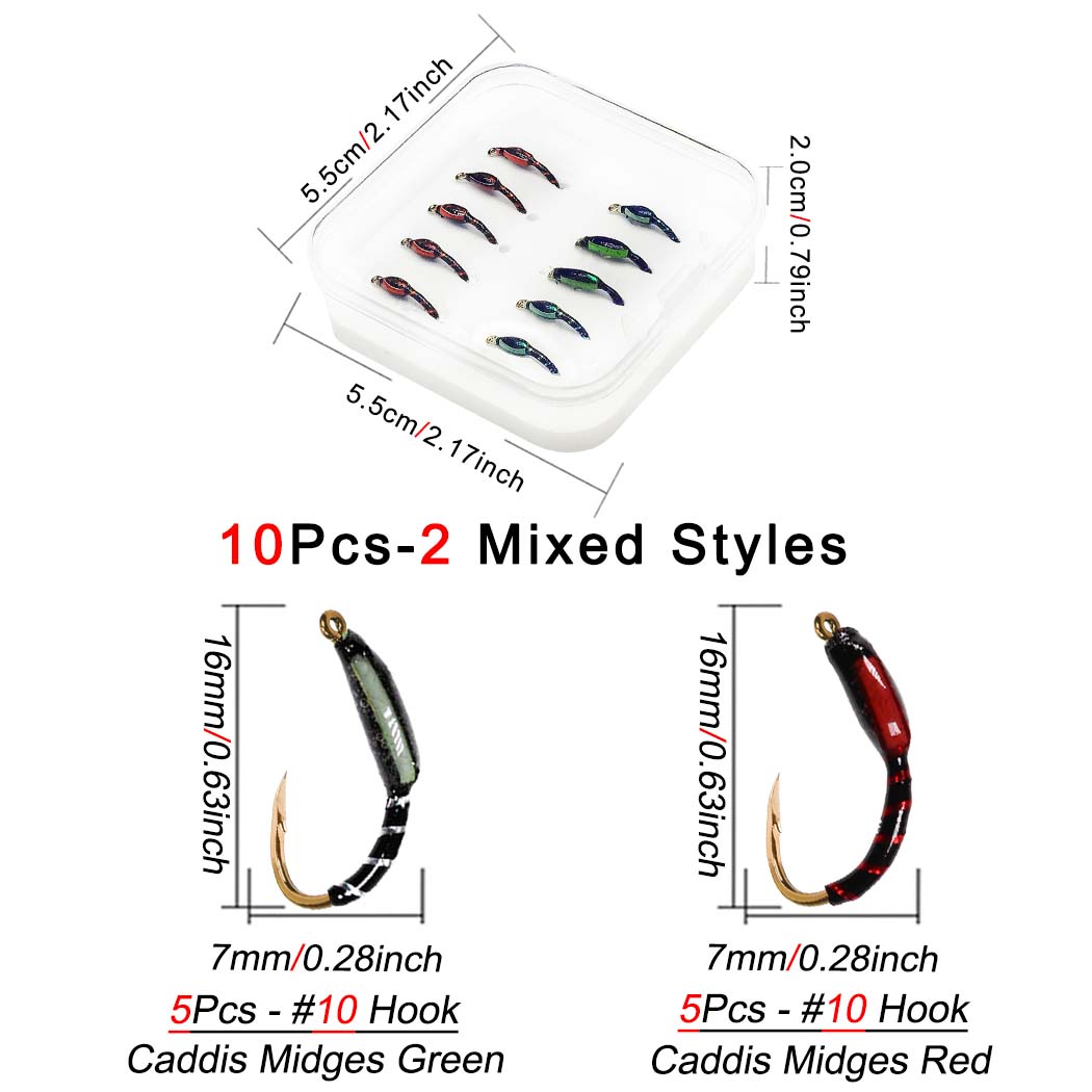 

10 шт./набор-Размеры#10-Сухие мушки Мушки для нахлыстовой рыбалки Приманка(Красный&Зеленый)Мушки-хирономиды Приманка-/Целое тело УФ-клей Мушки Приманка Рыбалка Форель Лосось Мушки Приманки 2Mixed Styles(10Pcs)