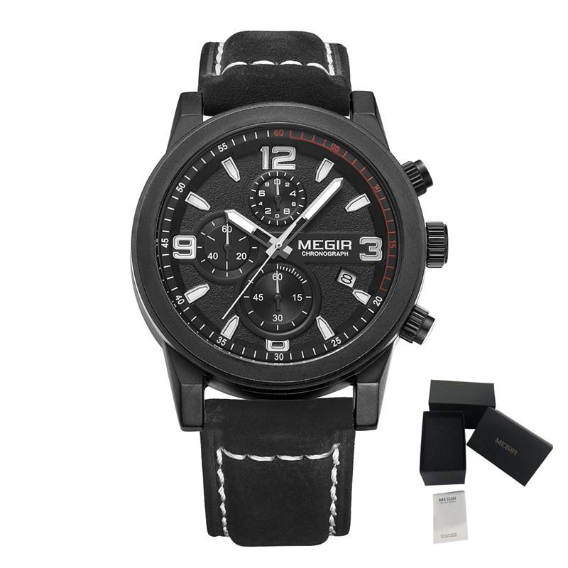 MEGIR Luxury Chronograph Men's Sport Watches Leather Strap Quartz Wristwatch Luminous Casual Male Clock Relogio Masculino