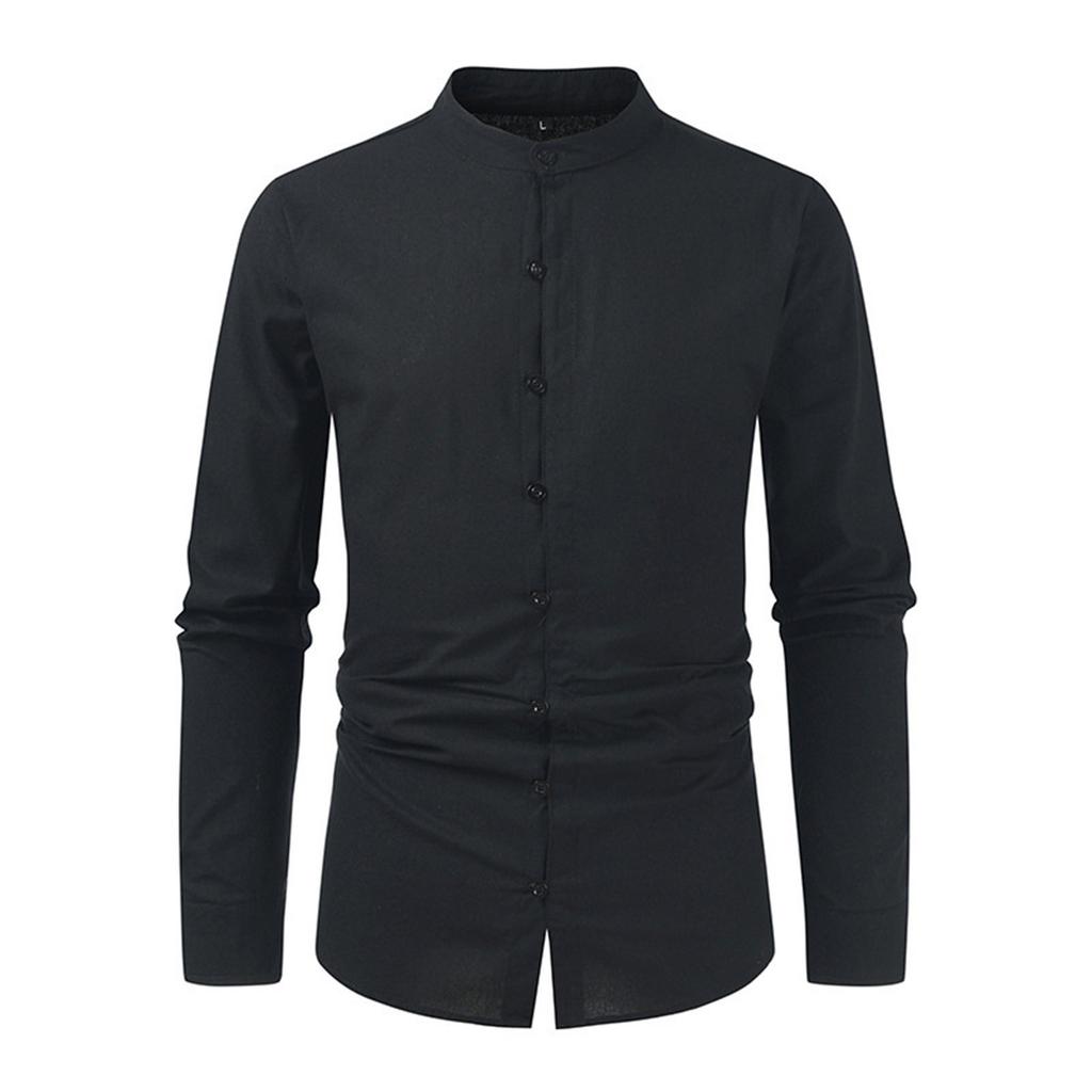 Men's Casual Business Solid Color Long Sleeve Shirt Men's Stand Collar Button-Down Shirt