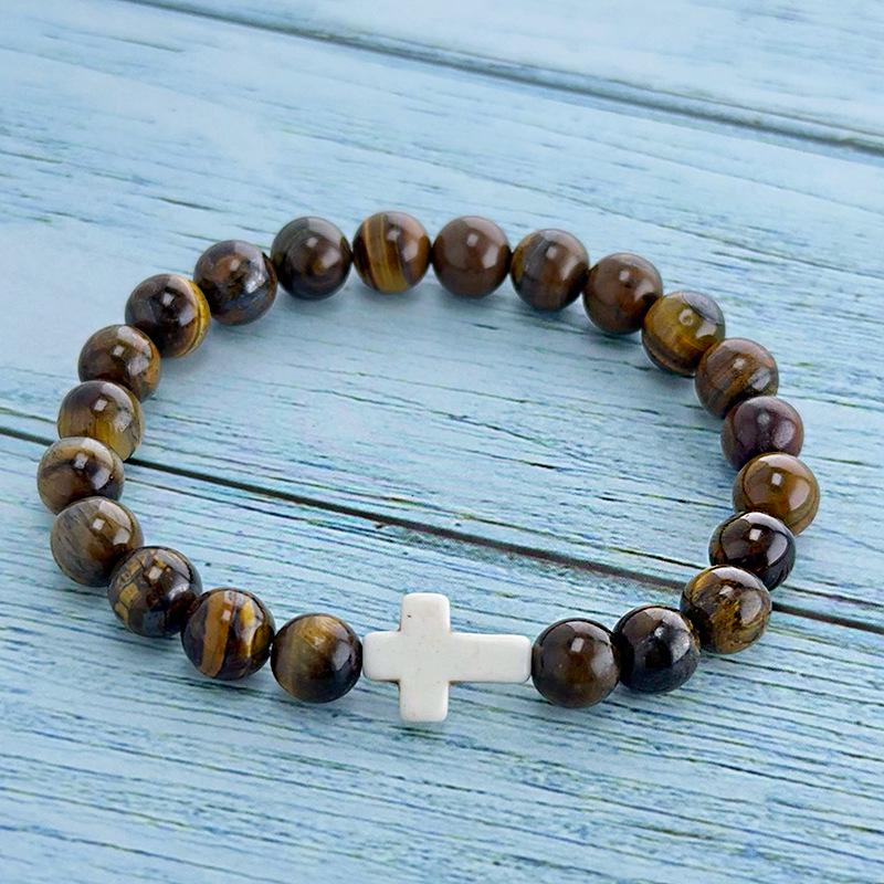 Unisex Cross Hand-Beaded Natural Stone Bracelet with Elastic Cord - High-End Gift