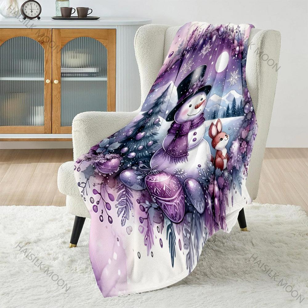 Purple Fantasy Snowman Rabbit Print Blanket Warm Soft Fluffy Kids and Adults Sofa Bed Throw Blanket for Home Camping Gift