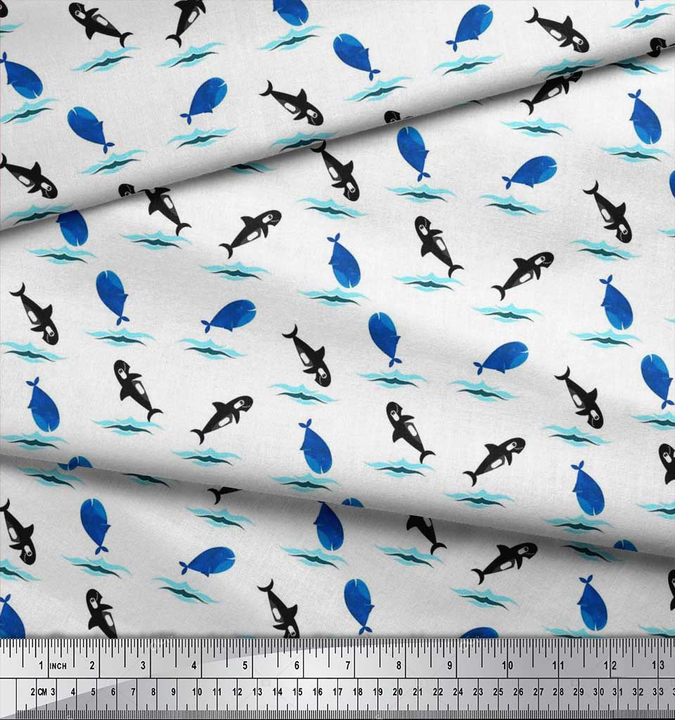 Soimoi Japan Crepe Satin Fabric Waves,Whale & Dolphin Ocean Decor Fabric Printed metre 42 Inch