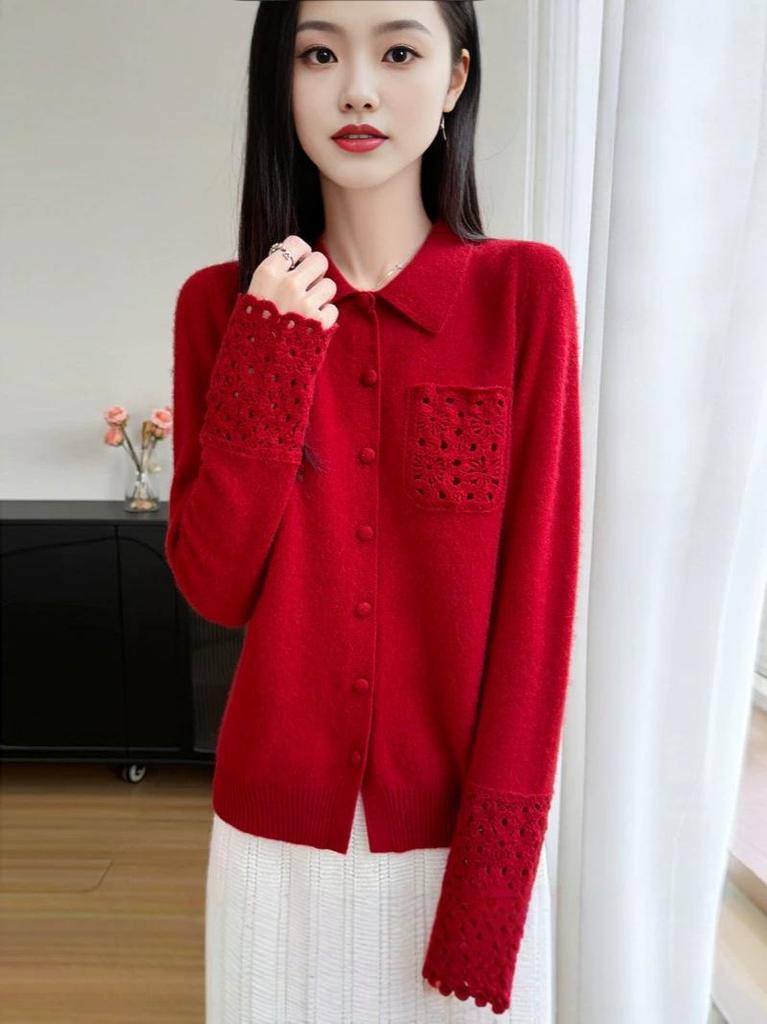 Elegant Wool Sweater: Women's Hollow-Stitch Long Sleeve Lapel Knitwear for Autumn and Winter