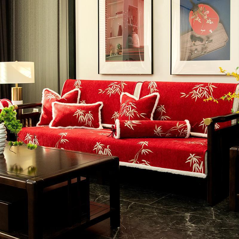 New Chinese Sofa Cushion, New  National Tide Red High-End Solid Wood Sofa Cover, Universal Non-Slip Seat Cushion In All Seasons