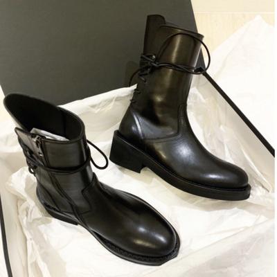 Handsome Black Locomotive Boots British Wind Mid Boots Leather Lace-Up Martin Boots Platform Short Boots Women