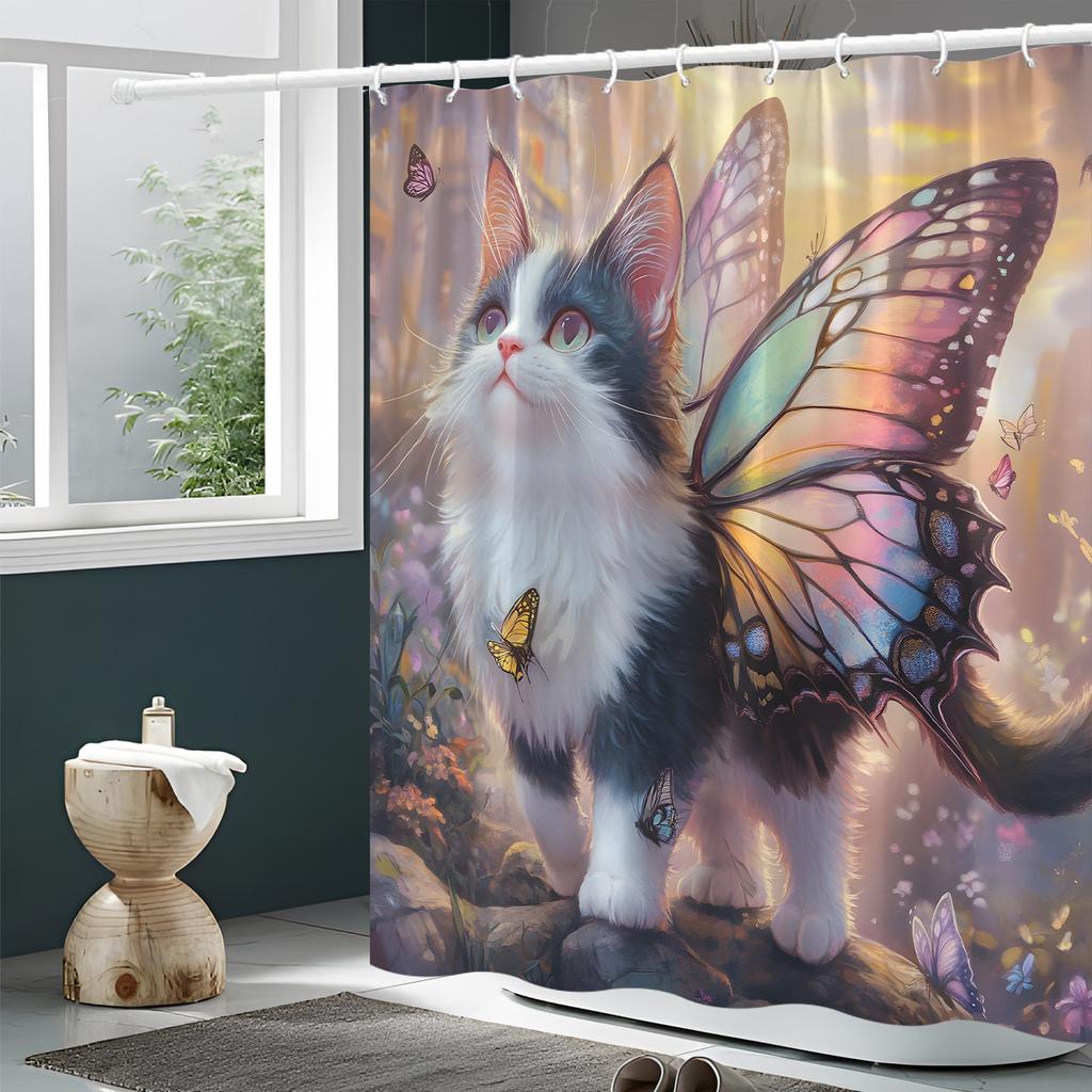 1pc butterfly cat shower curtain, fantastic artistic design, with sunny garden background,  with 12 hooks.