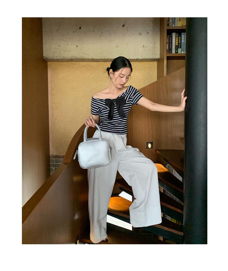 Interpret Beauty 2025 Summer French Sweet Off-Shoulder Striped T-Shirt, S5018