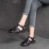 Johnature Genuine Leather Low Heel Breathable Sandals Retro Versatile Solid Color Women's Shoes
