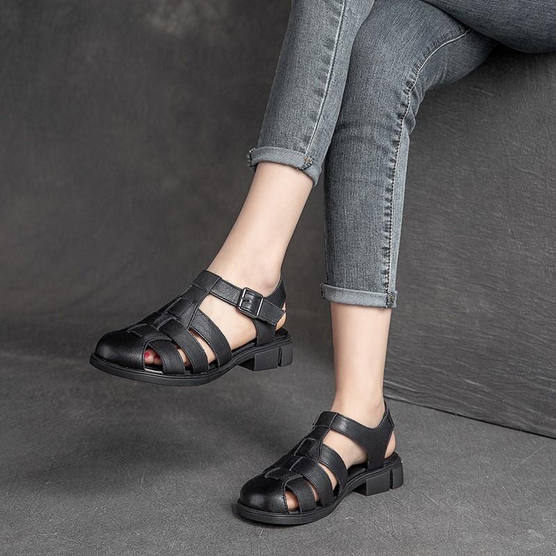 Johnature Genuine Leather Low Heel Breathable Sandals Retro Versatile Solid Color Women's Shoes