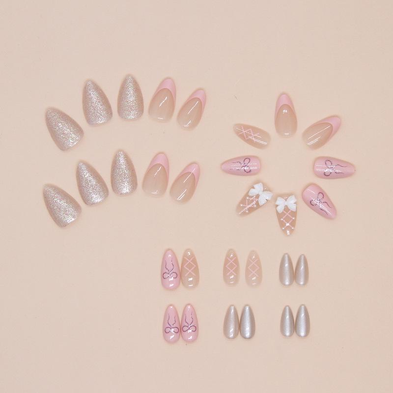 Sweet Pink Bow French Manicure Removable Nail Patches - Wearable, Solid Color, Ins Style False Nails