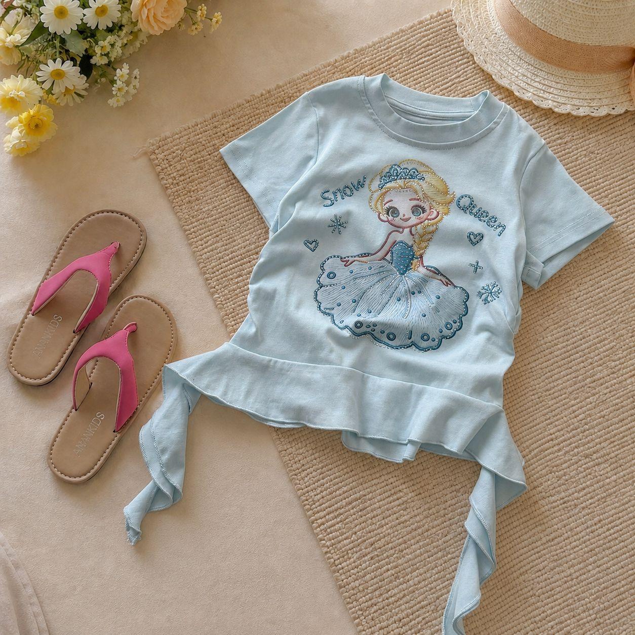 Summer Girls Sweet Print Bow Tie Short Sleeve T Shirt Fashionable Kids Clothing 90