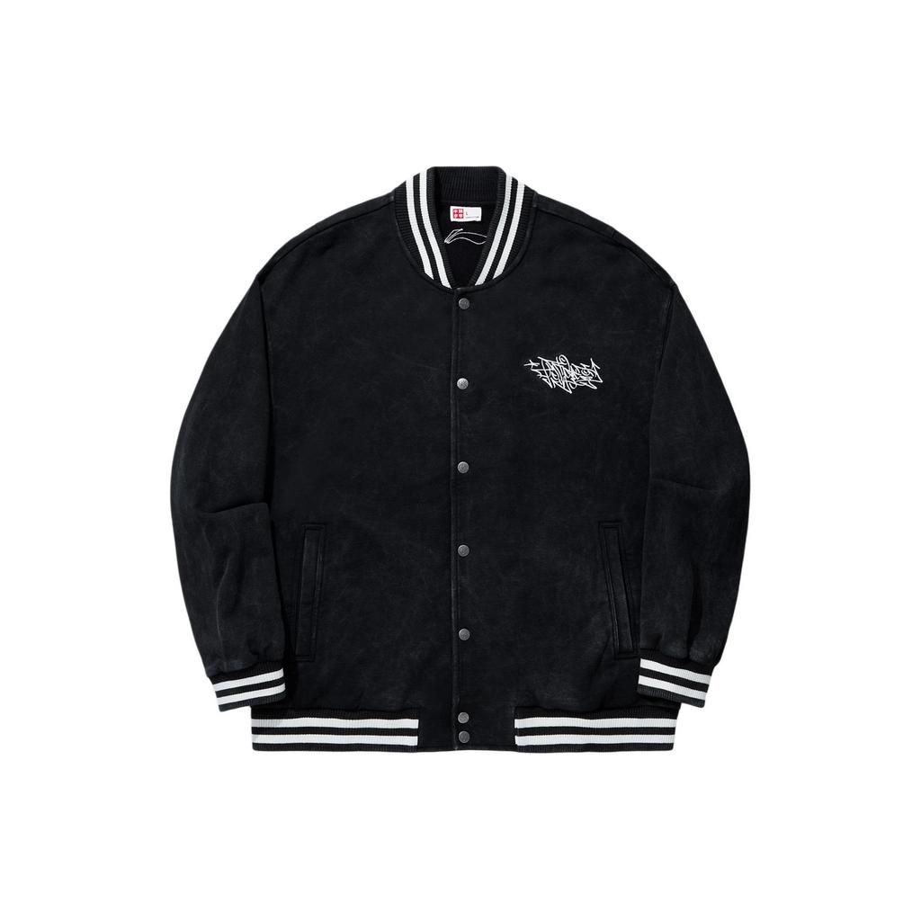 Li Ning Logo Print Loose Fit Single Breasted Baseball Jacket Men Jackets Black AFDU247-1