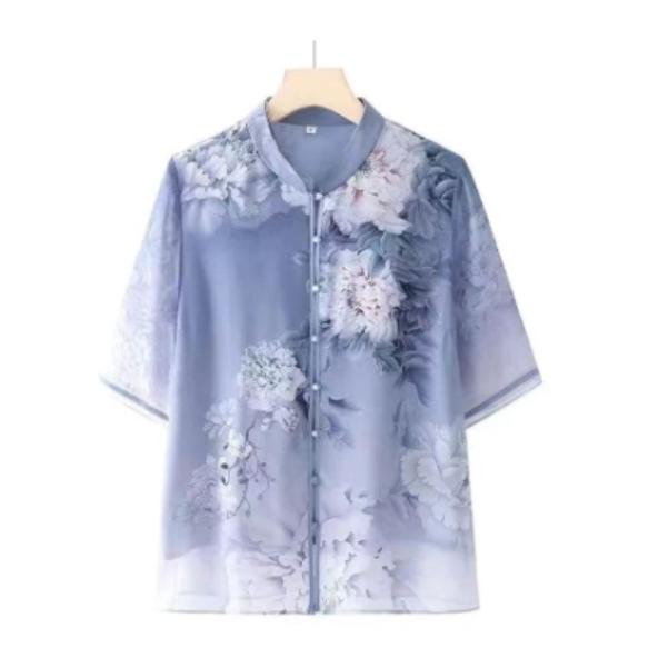 Middle Aged And Elderly Women's Casual Breathable Round Neck Short Sleeved Chinese Style T-shirt Western Style Top For Women