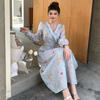 Spring Holiday Crochet Lace Embroidery Hollow Out Floral Print Party Dress Women's Long Sleeve Pearl Buttons Up Belt Clothing