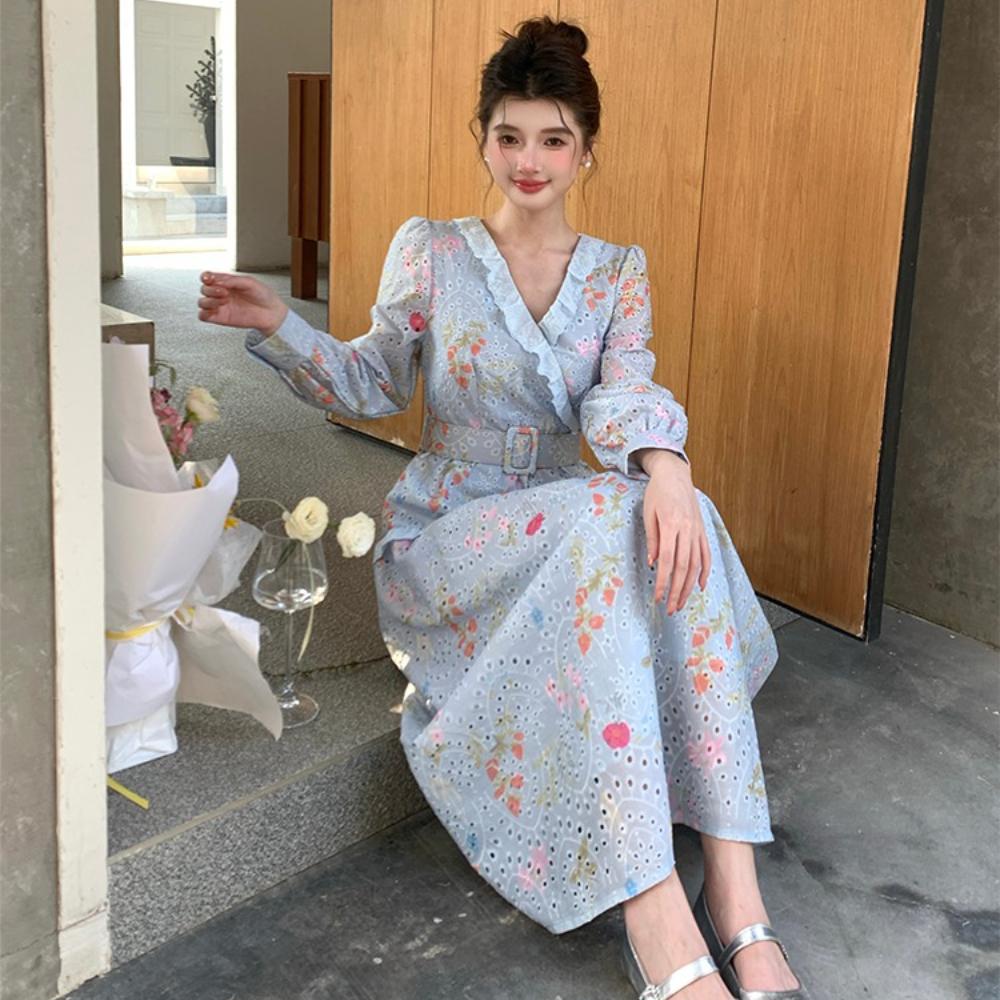 Spring Holiday Crochet Lace Embroidery Hollow Out Floral Print Party Dress Women's Long Sleeve Pearl Buttons Up Belt Clothing