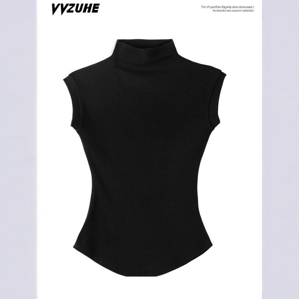 American niche design pure desire Spice Girl style short-sleeved T-shirt women's semi-turtleneck ant waist vest fashion bottoming top