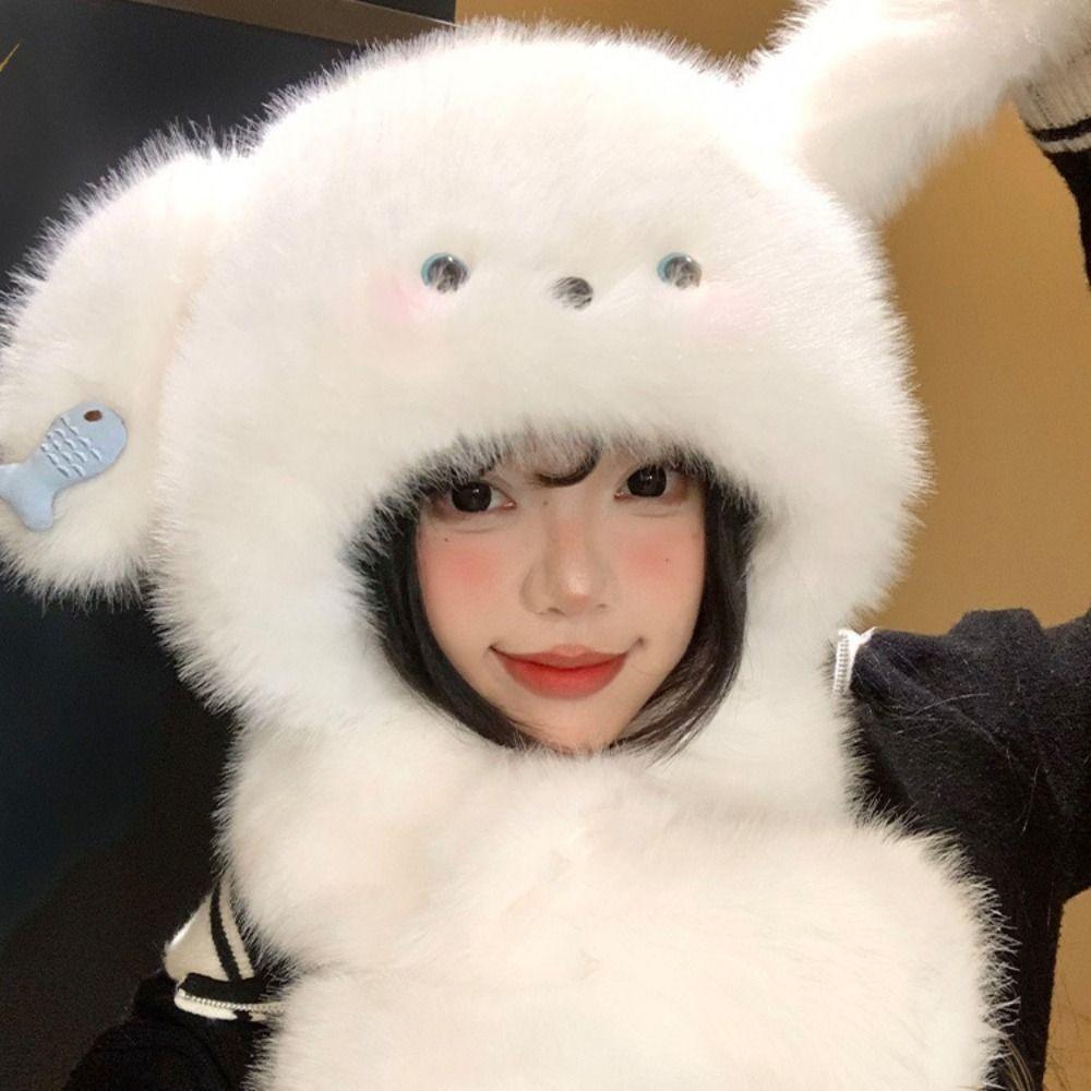 Cute Dog Hooded Scarf Cartoon Winter Warm Hat Fashion Plush Earmuffs Cap  Autumn and Winter