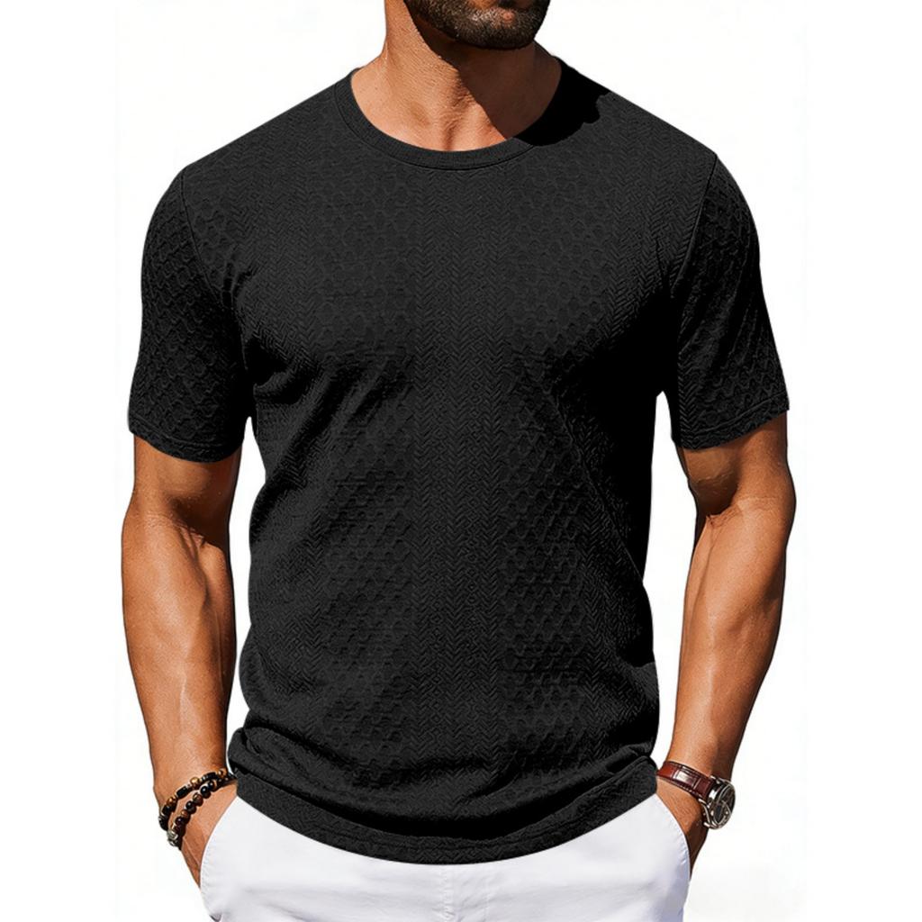 Men's Casual And Fashionable -color Textured T-shirt With Round Neck And Short Sleeves