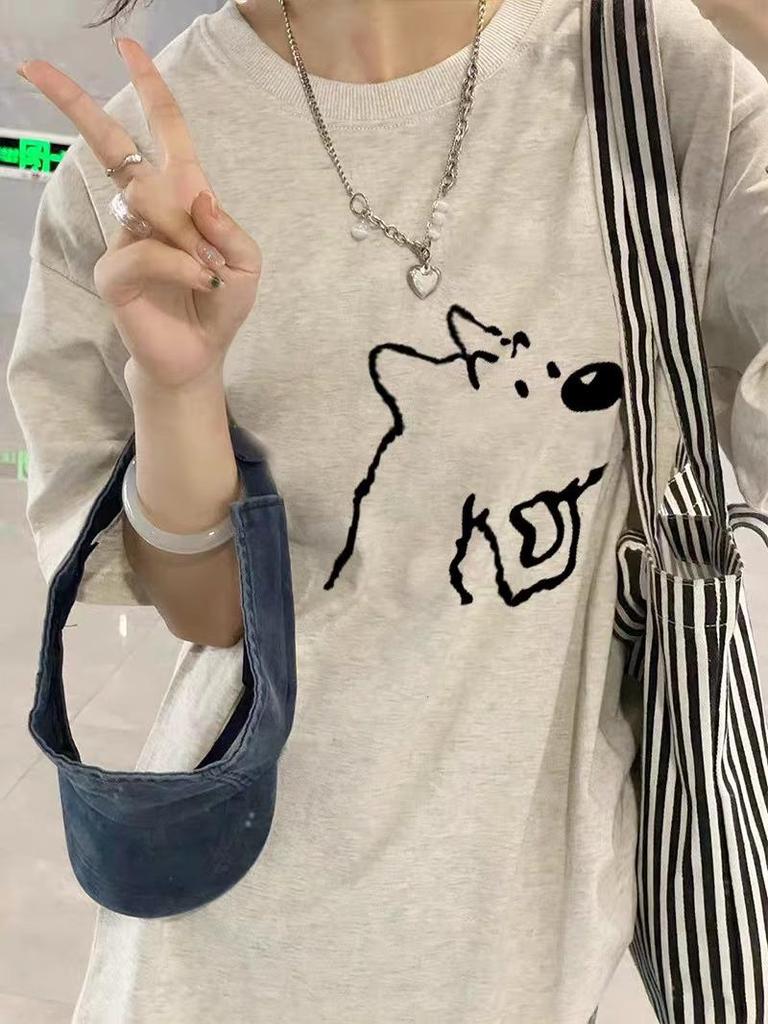 Women's Summer 2025 Gray Loose-Fit Puppy T-shirt - Cute Short Sleeve Pure Cotton