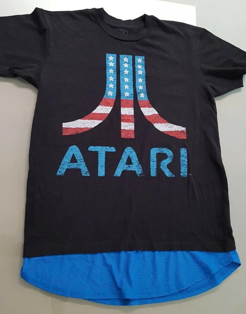 Atari Classic US Flag Logo Black t-shirt with Blue Mesh Retro Gaming Size M Unisex T-Shirt XXL