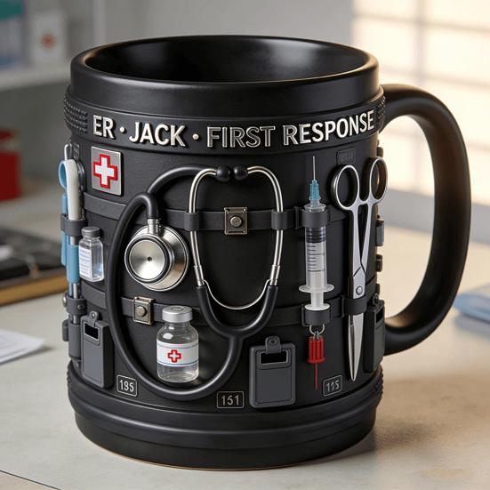Personalisierte Tasse mit medizinischem Thema ER Jack Ersthelfer 3D Medizinische Werkzeuge Tasse Schwarze Keramik Kaffeetasse für Ärzte Krankenschwestern Praktisches Geschenk Sammlerstück