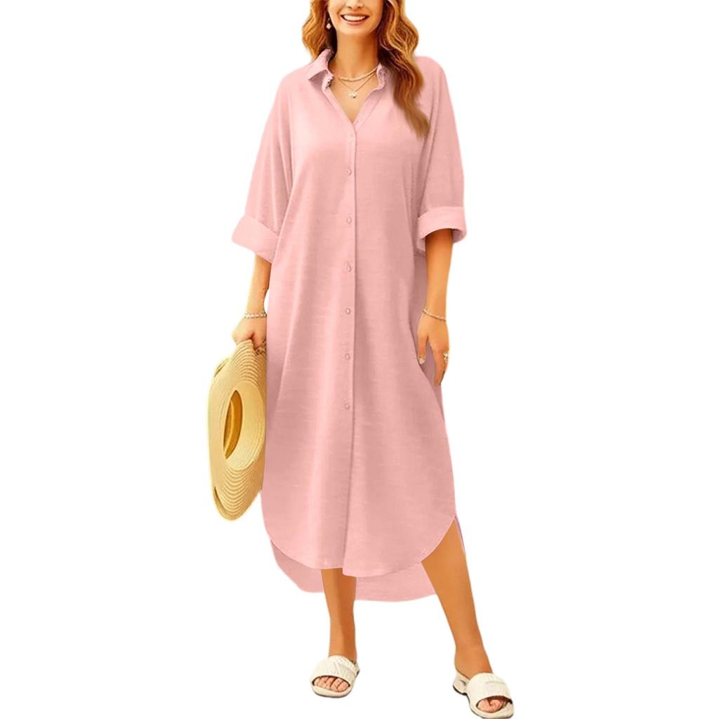 Loose Fit Mid-Length Shirt Dress Women Long Sleeve Button Down Shirt Dress Casual Collared Shirt Dress with Roll-Up Sleeves