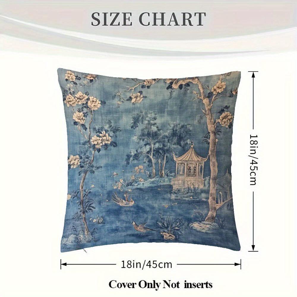 1Pc Of Short Plush Decorative Pillow Cover Featuring An Vintage French Chinoiserie Design In Blue, With Single-Sided Printing. I
