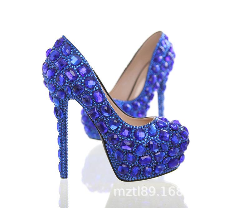 Sexy Royal Blue Heel Women's Shoes, Round Head Thin Heel Large Size Women's Shoes Waterproof Table Rhinestone Women's Shoes