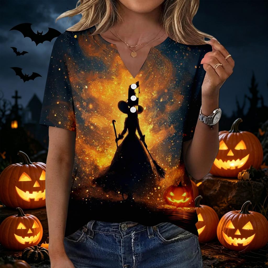 Women's Fashion Casual Halloween Print V Neck Short Sleeve Button T Shirt Top Suitable for Everyday Wear and Seasonal Events