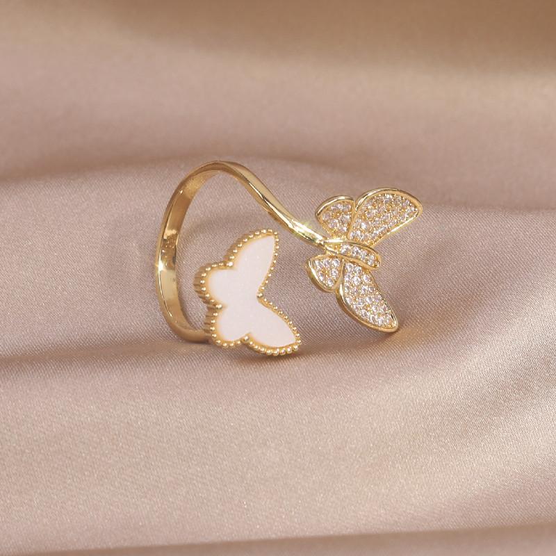 Fashion Jewelry 14K Real Gold Plating Double Butterfly Acrylic Zircon Ring Elegant Women's Daily Opening Adjustable Ring