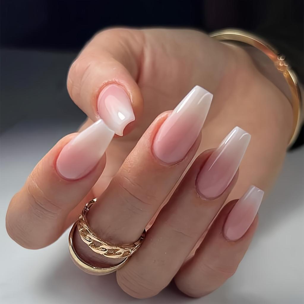 24 Pcs Ballerina Press On Nails Medium Fake Nails Glossy Acrylic Nails Pinkish White Gradient False Nails Full Cover Glue On Nails