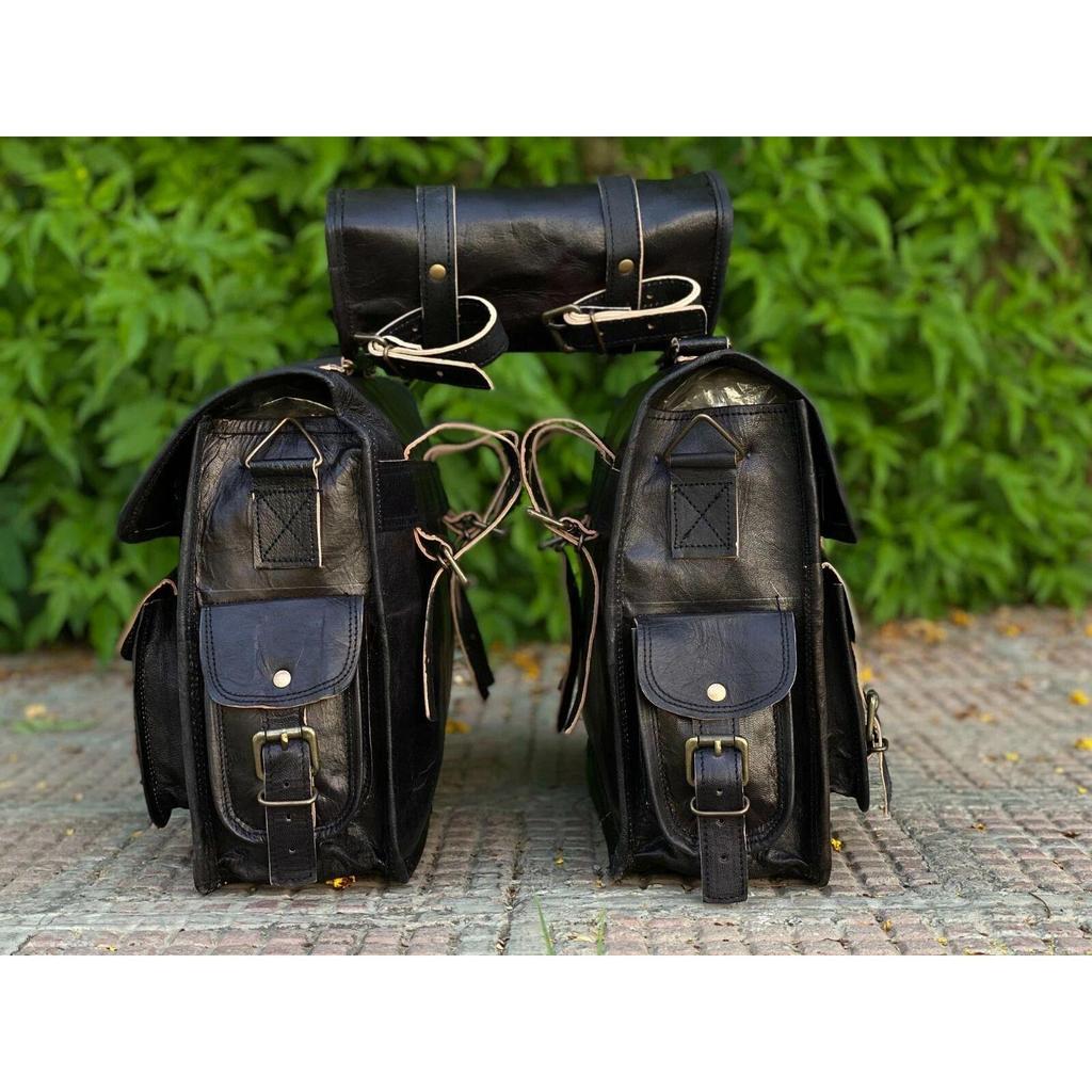 Bull Leather Motorcycle Side Pouch Saddle Panniers Bag Pouch 3 Bags